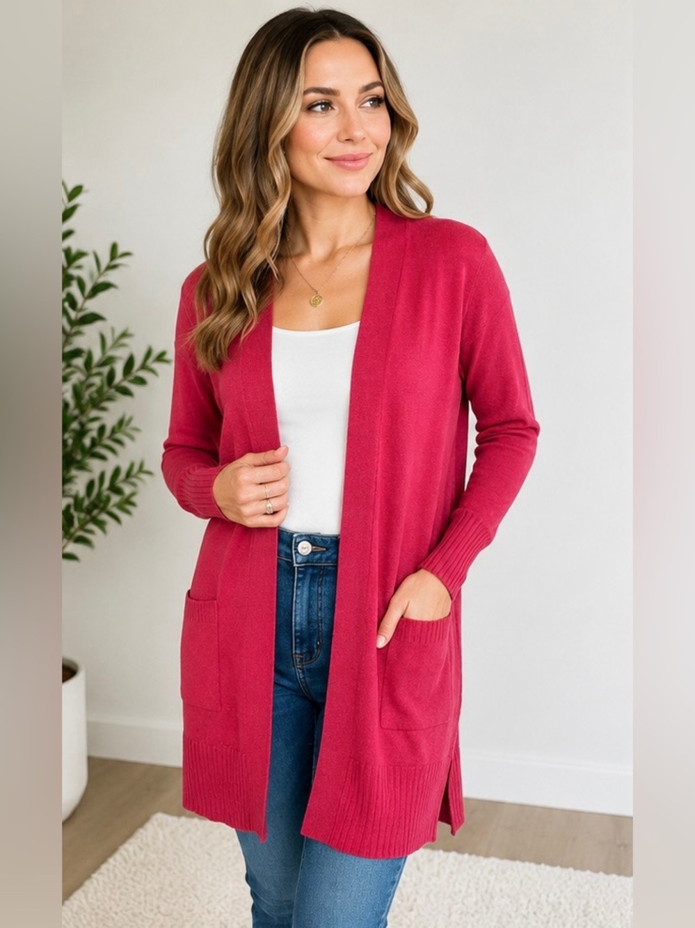 cleo Open-Front Longline Cardigan Sweater - Raspberry Pink